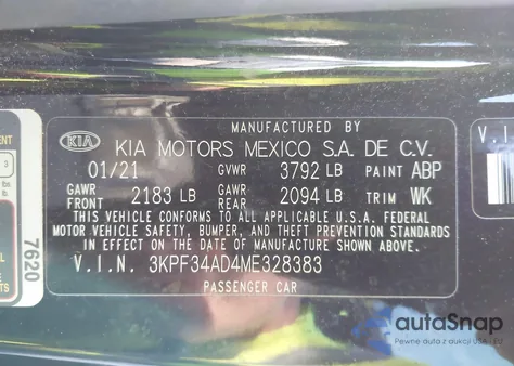 2021 Kia Forte Gt-Line z USA, uszkodzony, nr VIN 3KPF34AD4ME328383